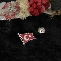Gümüş Ayyıldız Bayrak Figürlü Erkek Bayan Rozet Yaka İğnesi