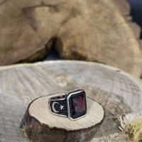 Gümüş Kırmızı Garnet Taşlı Ayyıldız Model Erkek Yüzük Takı