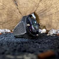 Gümüş Mistik Topaz Taşlı Özel Tasarım Erkek Yüzük Takı