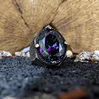 Gümüş Mistik Topaz Taşlı Özel Tasarım Erkek Yüzük Takı