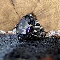 Gümüş Mistik Topaz Taşlı Özel Tasarım Erkek Yüzük Takı