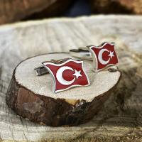 Gümüş Özel Tasarım Kırmızı Mineli Ayyıldız Bayrak Manşet Kol Düğmesi