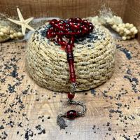 Gümüş Püsküllü Bordo Renkli Ateş Kehribar Tesbih