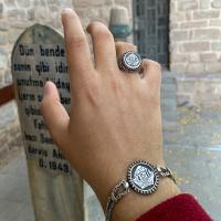 Gümüş Şems Serpuş Kavuk Allah Yazılı Erkek Bileklik yüzük takı set