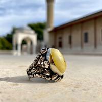 Gümüş Tasarım Damla Kehribar Taşlı Erkek Yüzük Takı