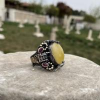 Gümüş Tasarım Damla Kehribar Taşlı Otantik erkek Yüzük Takı
