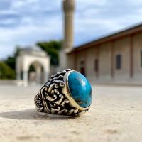 Gümüş Tasarım Doğal Firuze Turkuaz Taşlı Erkek Yüzük Takı