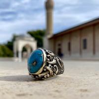 Gümüş Tasarım Doğal Firuze Turkuaz Taşlı Erkek Yüzük Takı