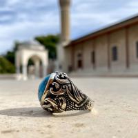 Gümüş Tasarım Doğal Firuze Turkuaz Taşlı Erkek Yüzük Takı