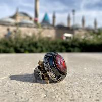 Gümüş Tasarım Granat Garnet Taşlı Trend Erkek Yüzük Takı