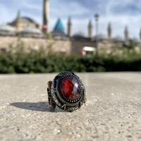 Gümüş Tasarım Granat Garnet Taşlı Trend Erkek Yüzük Takı