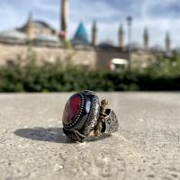 Gümüş Tasarım Granat Garnet Taşlı Trend Erkek Yüzük Takı