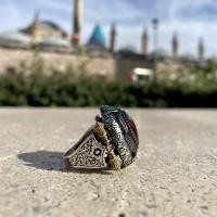 Gümüş Tasarım Granat Garnet Taşlı Trend Erkek Yüzük Takı