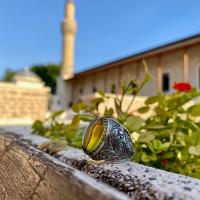 Gümüş Tasarım Kehribar Taşlı Mim Otantik Yüzük Takı