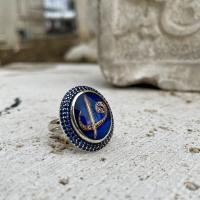 Gümüş Tasarım Lacivert Mineli Elif Vav otantik Bayan Yüzük Takı