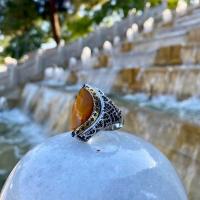 Gümüş Tasarım Sarı Sıkma Kehribar Taşlı Erkek Yüzük Takı