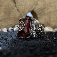 Gümüş el işi trend Granat Taşlı Özel İşlemeli Model Gümüş Erkek Yüzük
